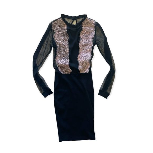 REVISE Unique black Sheer pink Lace side boob Sexy long sleeved ribbed small - Picture 1 of 12